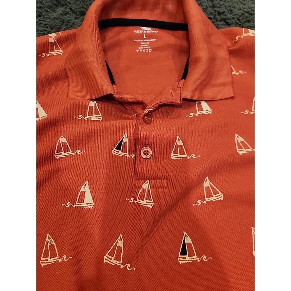Red Rhino Men's Short Sleeve Collared Polo Shirt Size L With Sailboats - Picture 3 of 4